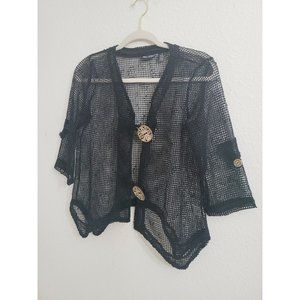 Nina Leonard Black V-Neck Netted Big Button 3/4 Sleeve Top w/uneven Hem XS